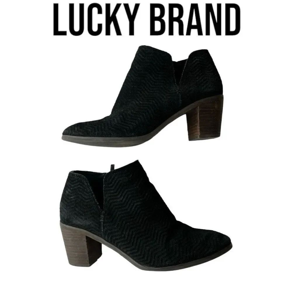 Lucky Brand Black Parnesa Side Zip Block Heel Leather Ankle Booties Women’s 9.5M